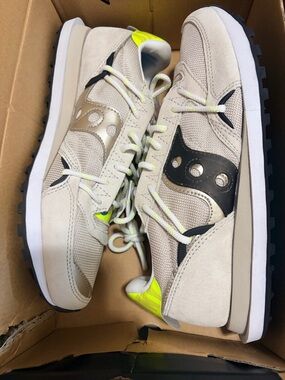 Saucony Beige with Neon Yellow Accent Retro Runner Sneakers